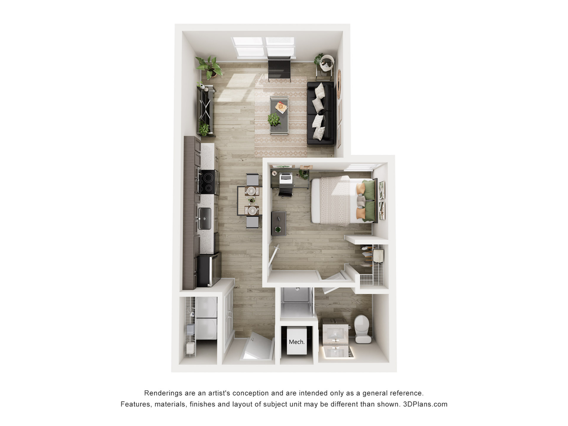 A 3D image of the 1BR/1BA floorplan, a 553 squarefoot, 1 bed / 1 bath unit