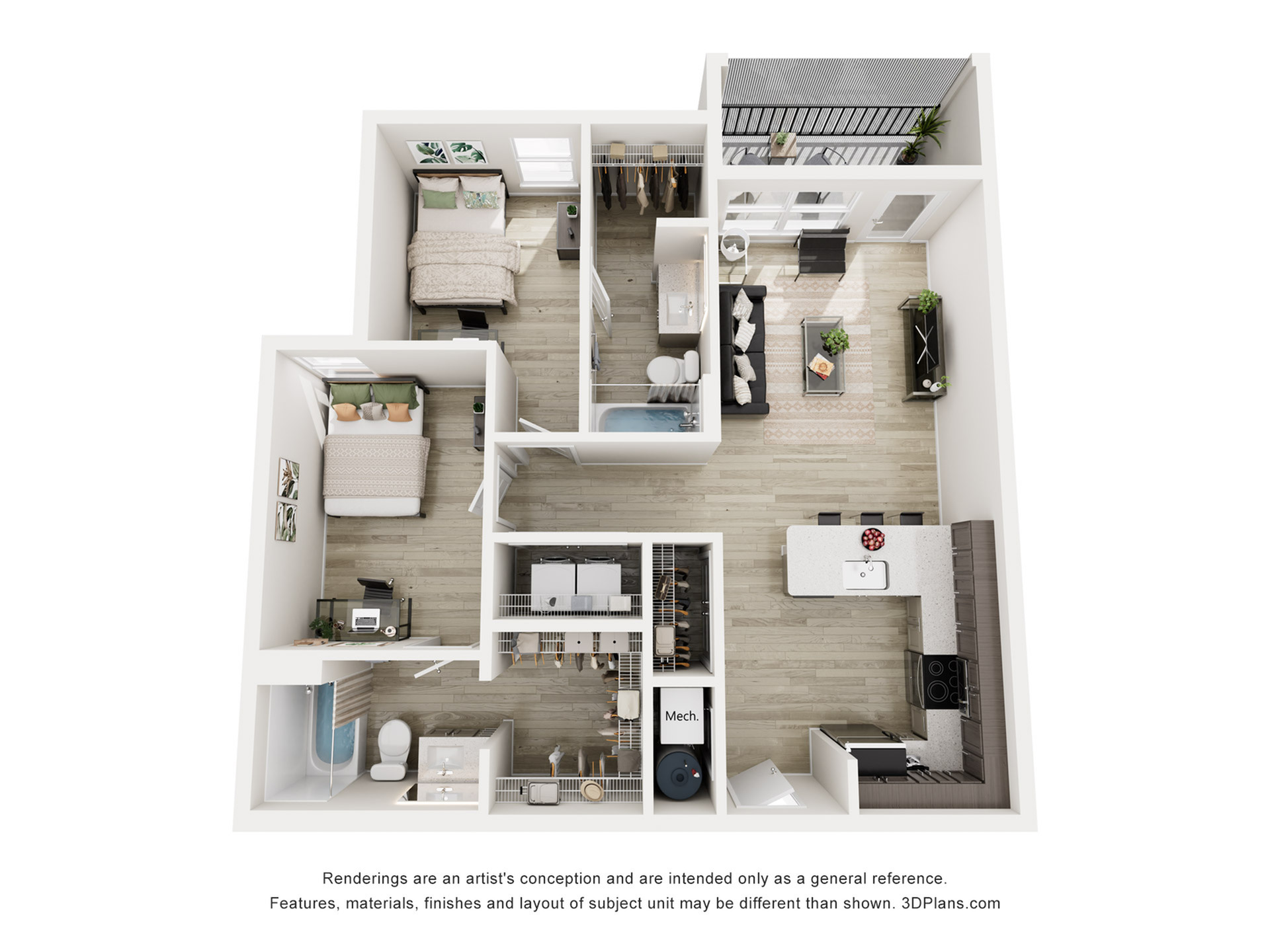 A 3D image of the 2BR/2BA floorplan, a 921 squarefoot, 2 bed / 2 bath unit