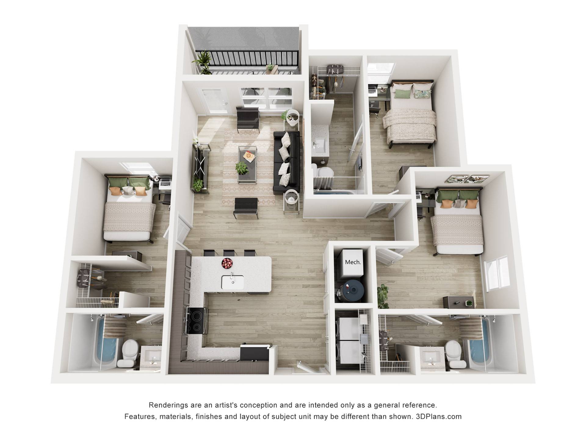 A 3D image of the 3BR/3BA floorplan, a 1073 squarefoot, 3 bed / 3 bath unit