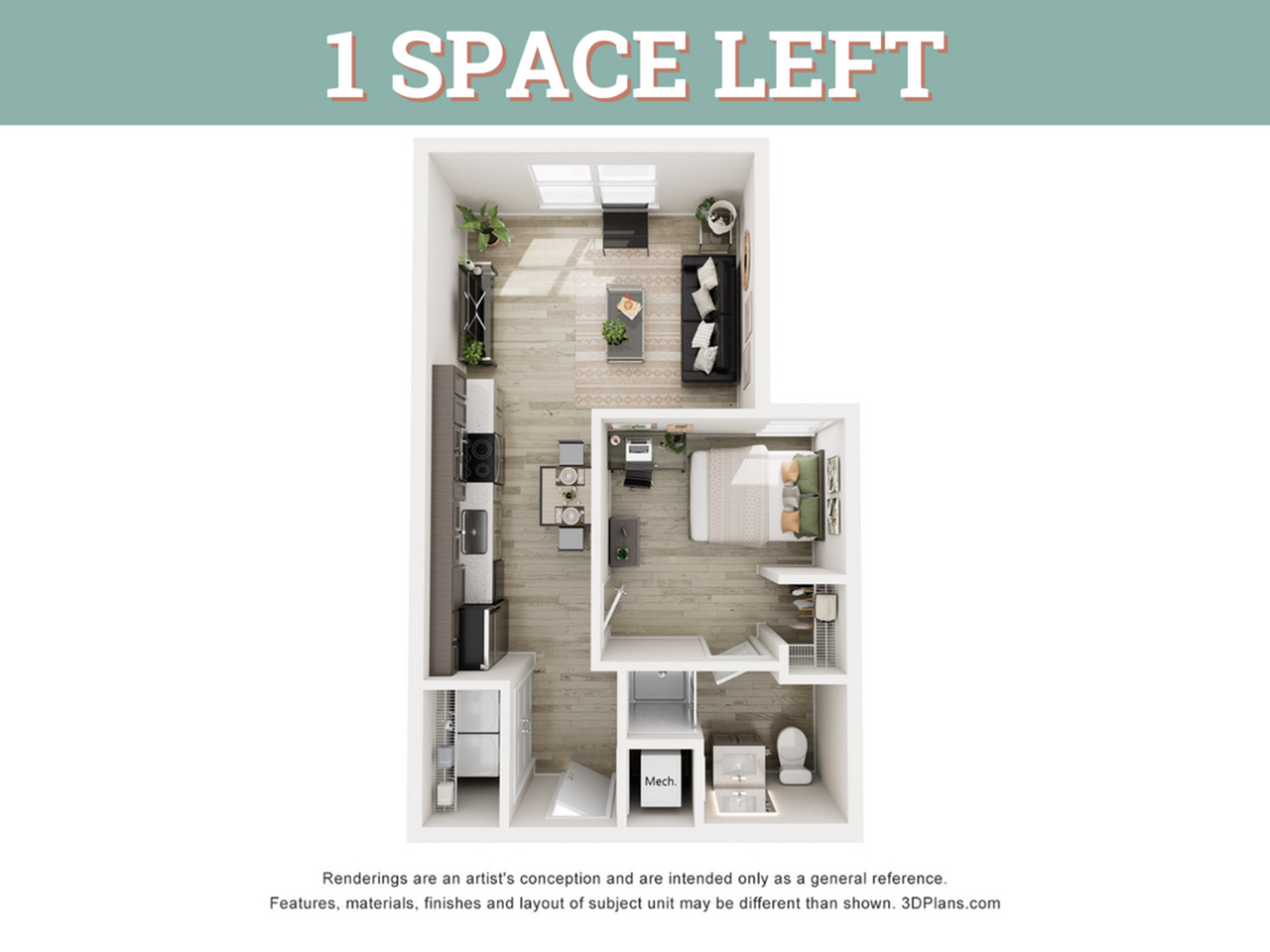 A 3D image of the 1BR/1BA floorplan, a 553 squarefoot, 1 bed / 1 bath unit