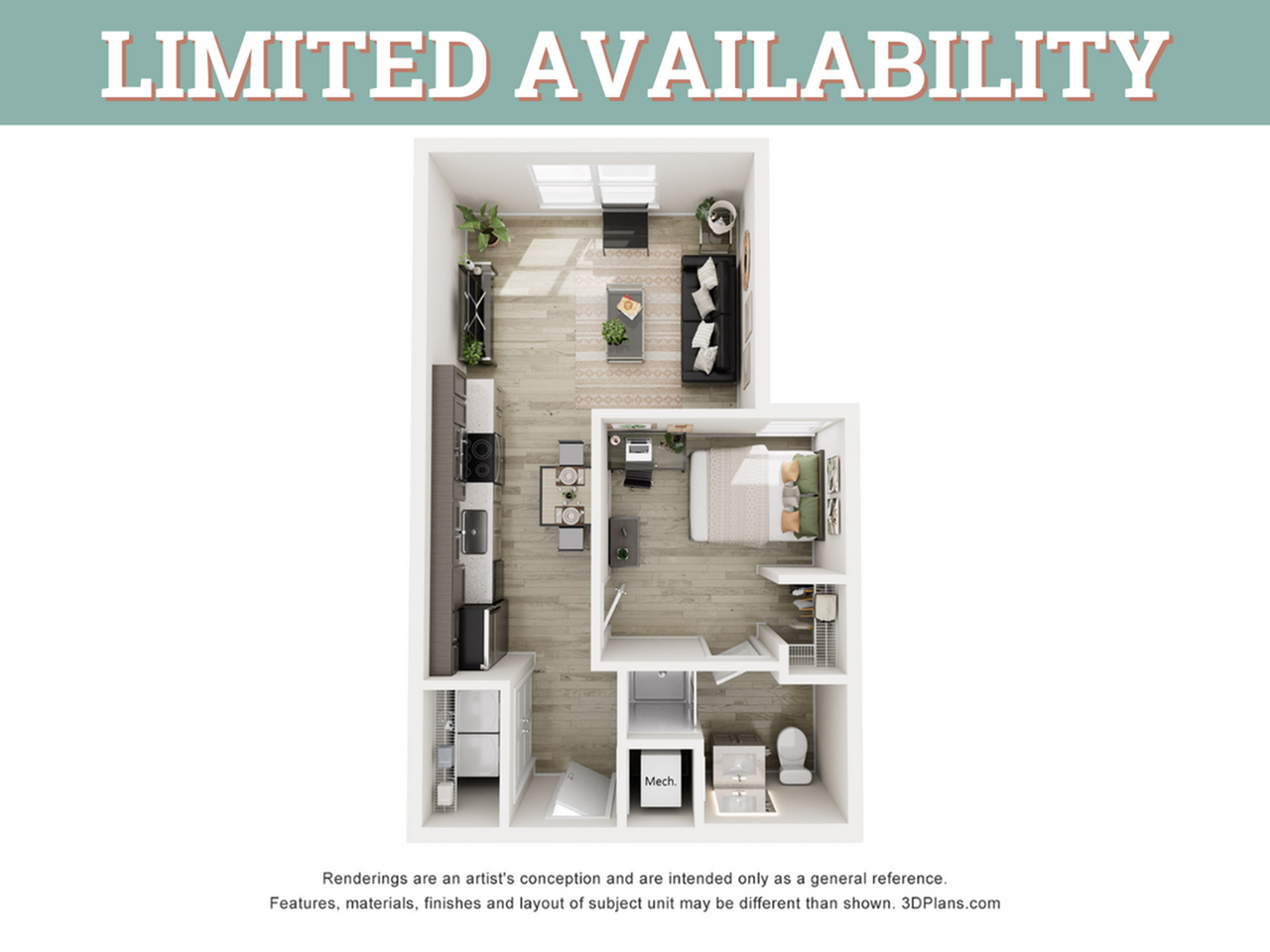 A 3D image of the 1BR/1BA floorplan, a 553 squarefoot, 1 bed / 1 bath unit
