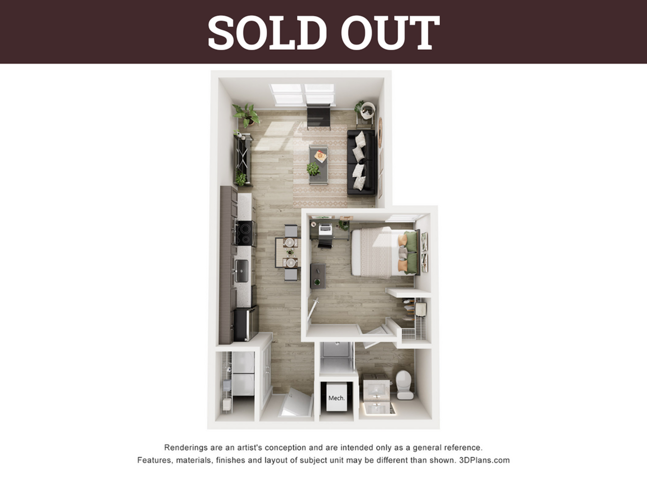 A 3D image of the 1BR/1BA floorplan, a 553 squarefoot, 1 bed / 1 bath unit
