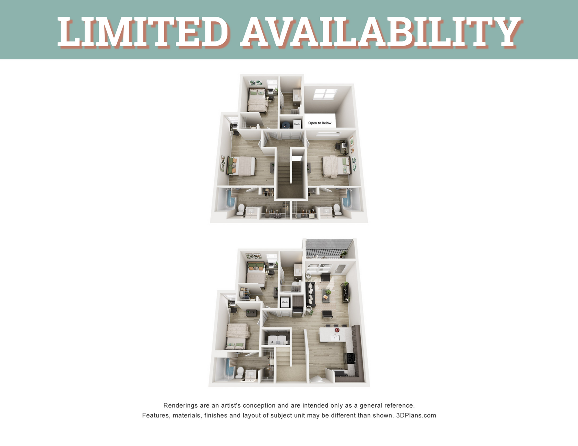A 3D image of the 5BR/5BA floorplan, a 1773 squarefoot, 5 bed / 5 bath unit