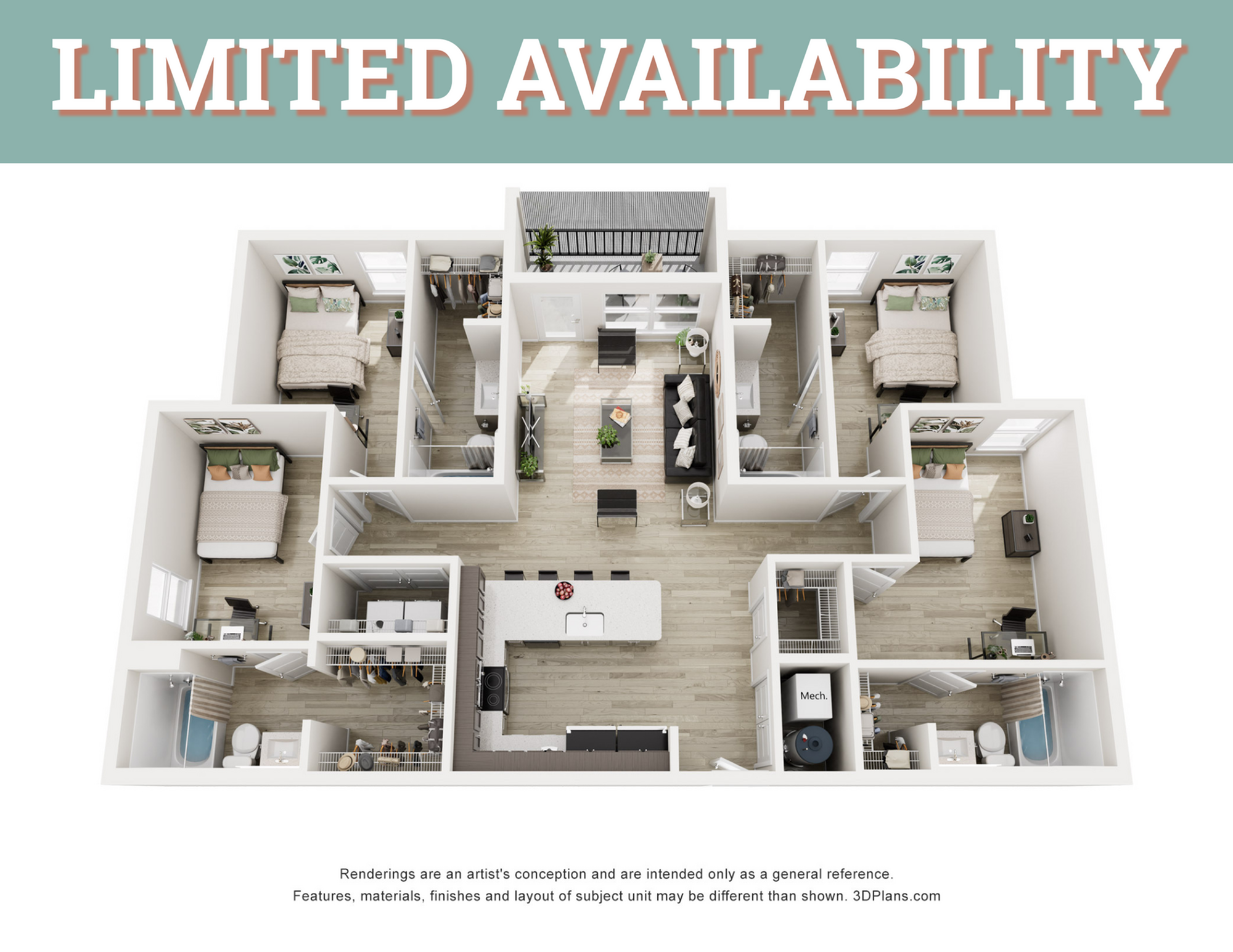 A 3D image of the 4BR/4BA floorplan, a 1494 squarefoot, 4 bed / 4 bath unit